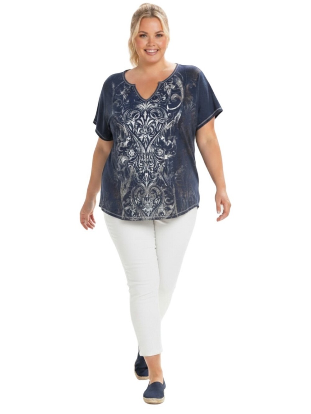 Dress Barn 2X Navy Rhinestone Heart V-Neck Cotton Top NWOT